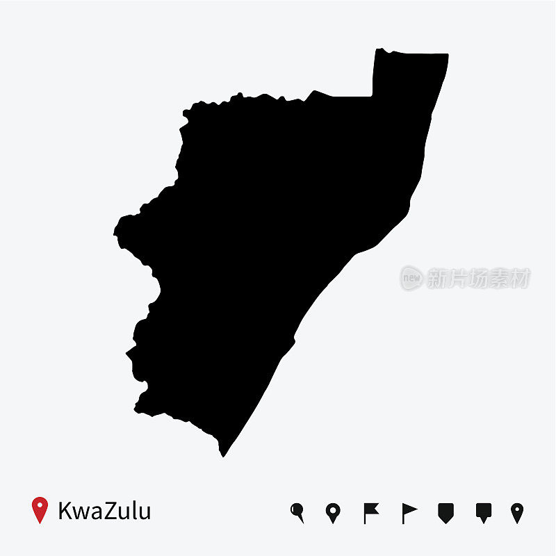 High detailed vector map of KwaZulu with navigation pins.